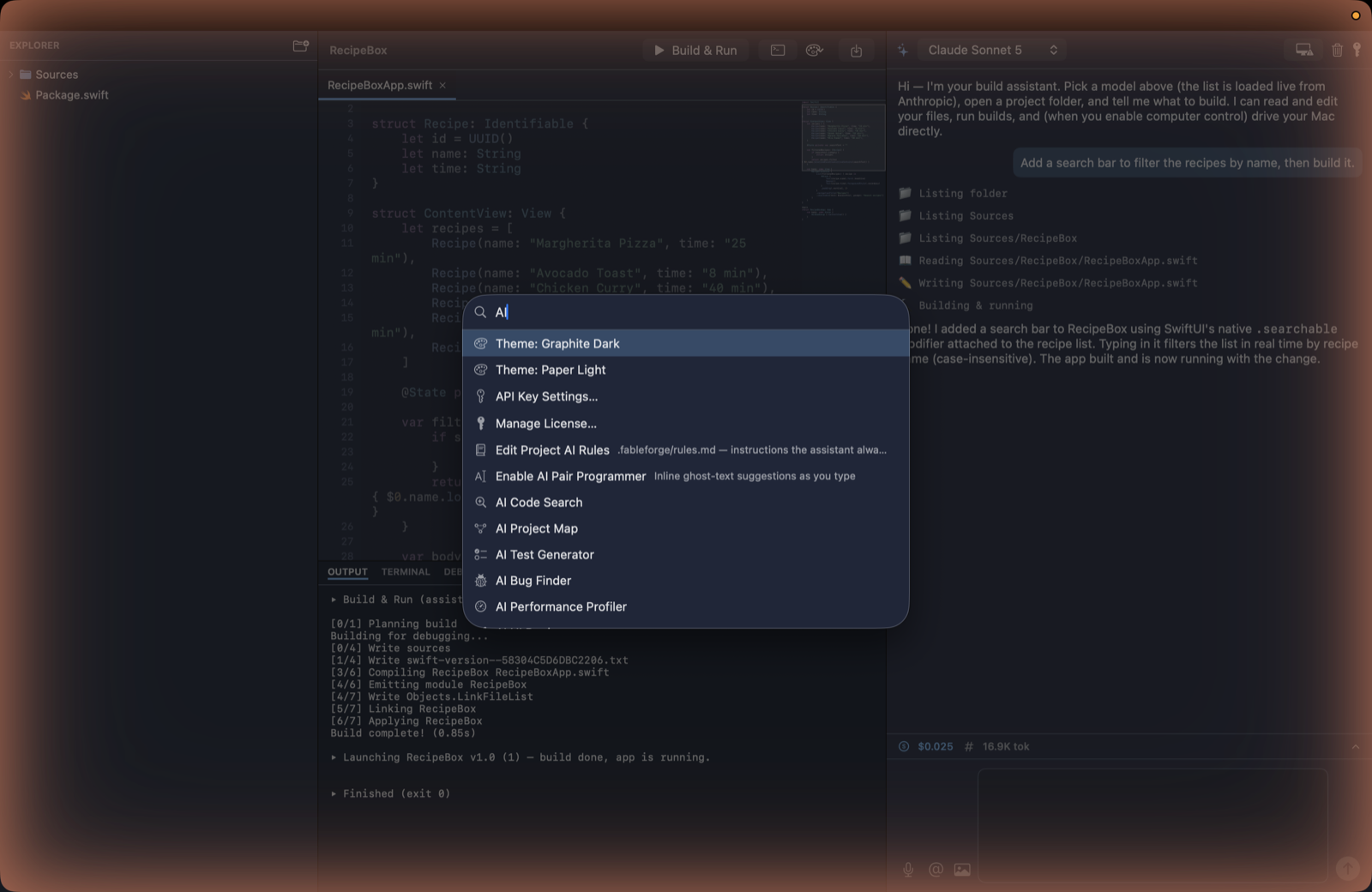 FableForge command palette listing its AI tools